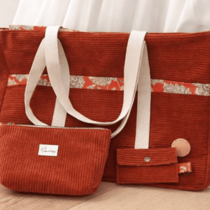 Sac week-end terracotta velours côtelé coton fleuri avec trousse et porte-monnaie assortis fait main