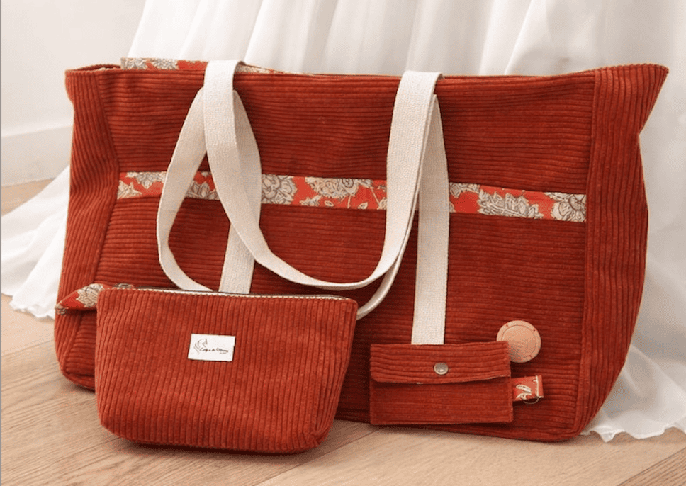 Sac week-end terracotta velours côtelé coton fleuri avec trousse et porte-monnaie assortis fait main