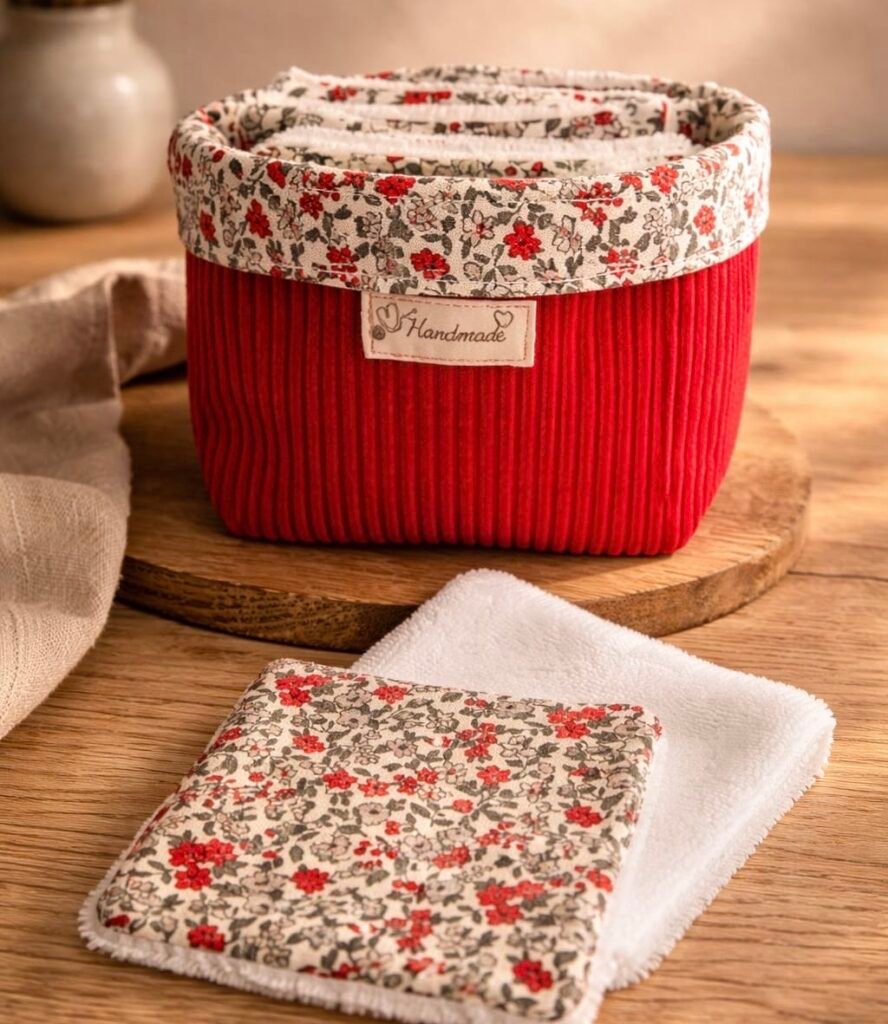 Corbeille artisanale en velours côtelé rouge avec bordure liberty fleurie et 8 carrés démaquillants lavables en coton éponge bambou, fabriquée à la main par Early in the Morning by MS