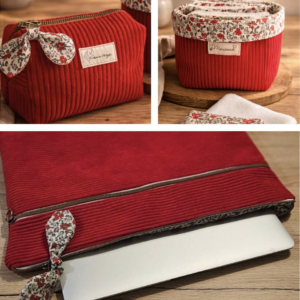 Ensemble trois pièces de la collection rouge liberty : trousse de toilette, corbeille beauté avec carrés démaquillants et housse ordinateur en velours côtelé rouge, fabriquées à la main par Early in the Morning by MS