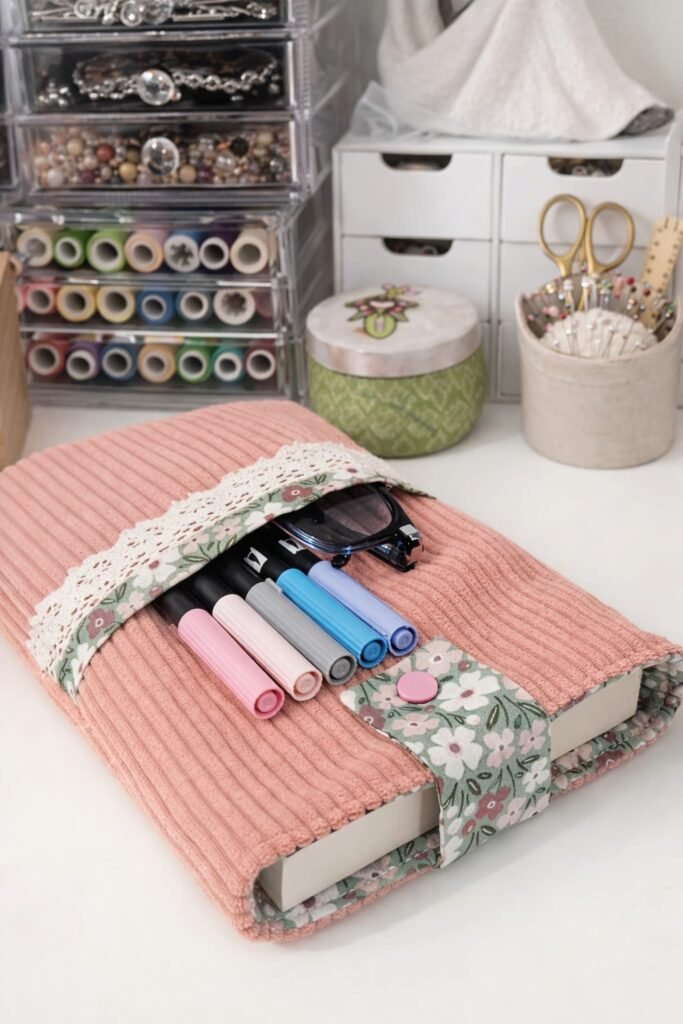 Housse livre velours vieux rose et coton fleuri