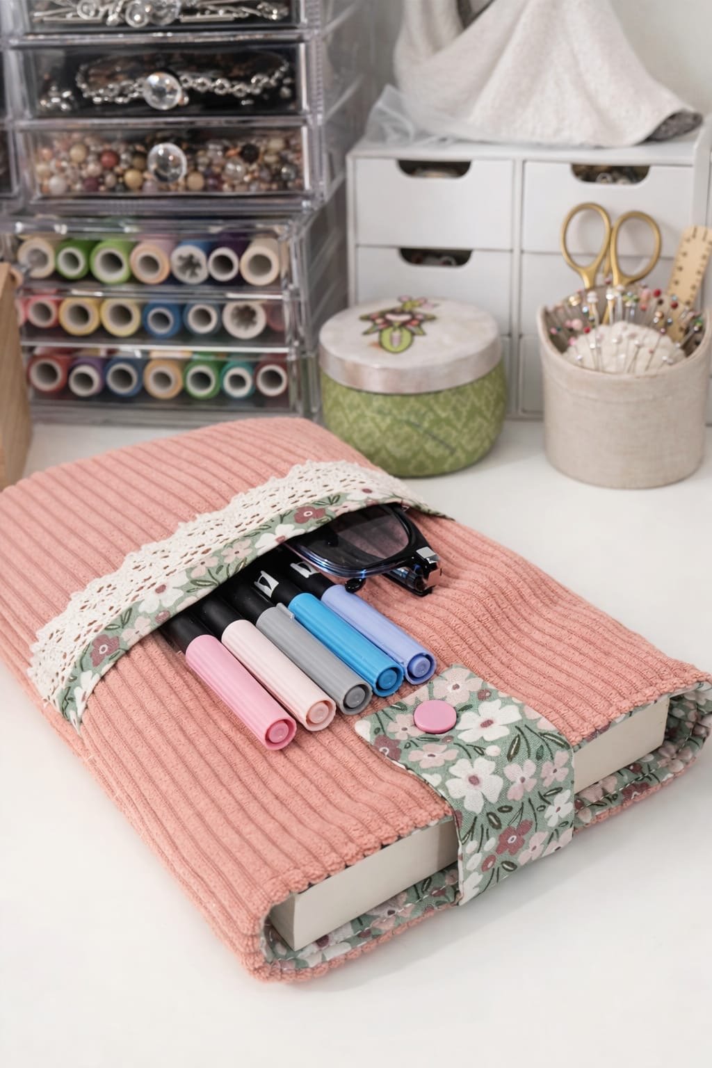 Housse livre velours vieux rose et coton fleuri