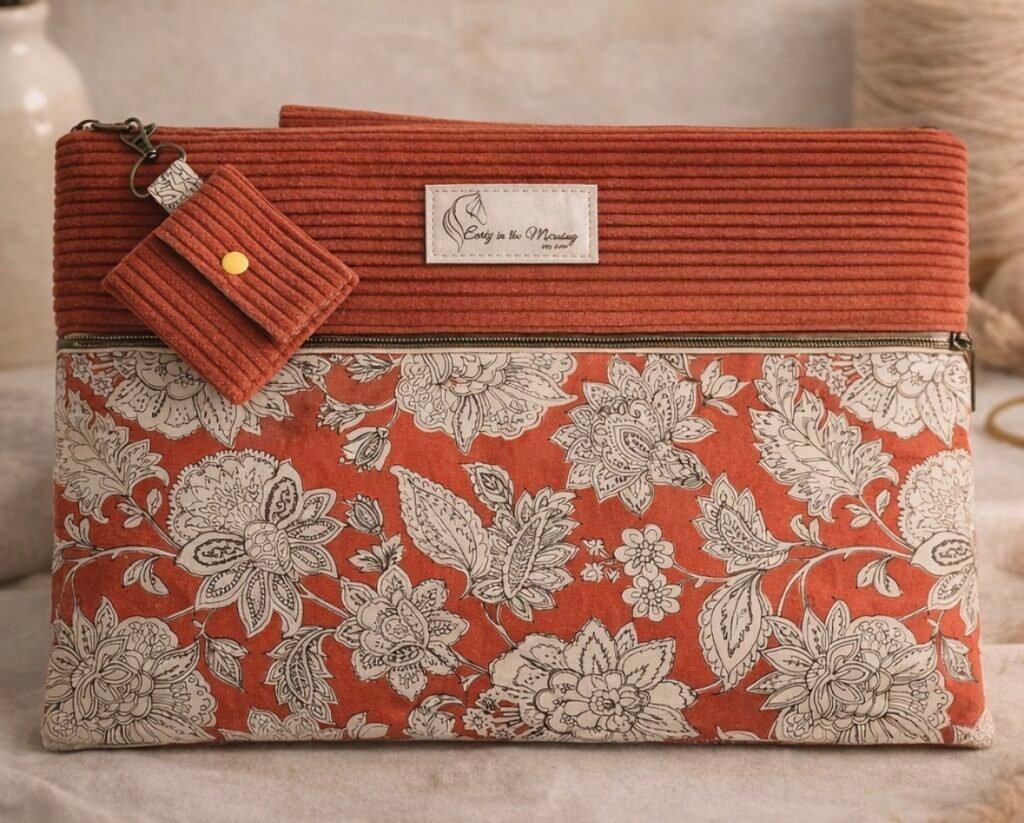 Housse pour ordinateur artisanale en velours côtelé terracotta et coton fleuri style indien crème et rouille, avec fermeture éclair dorée, fabriquée à la main par Early in the Morning by MS