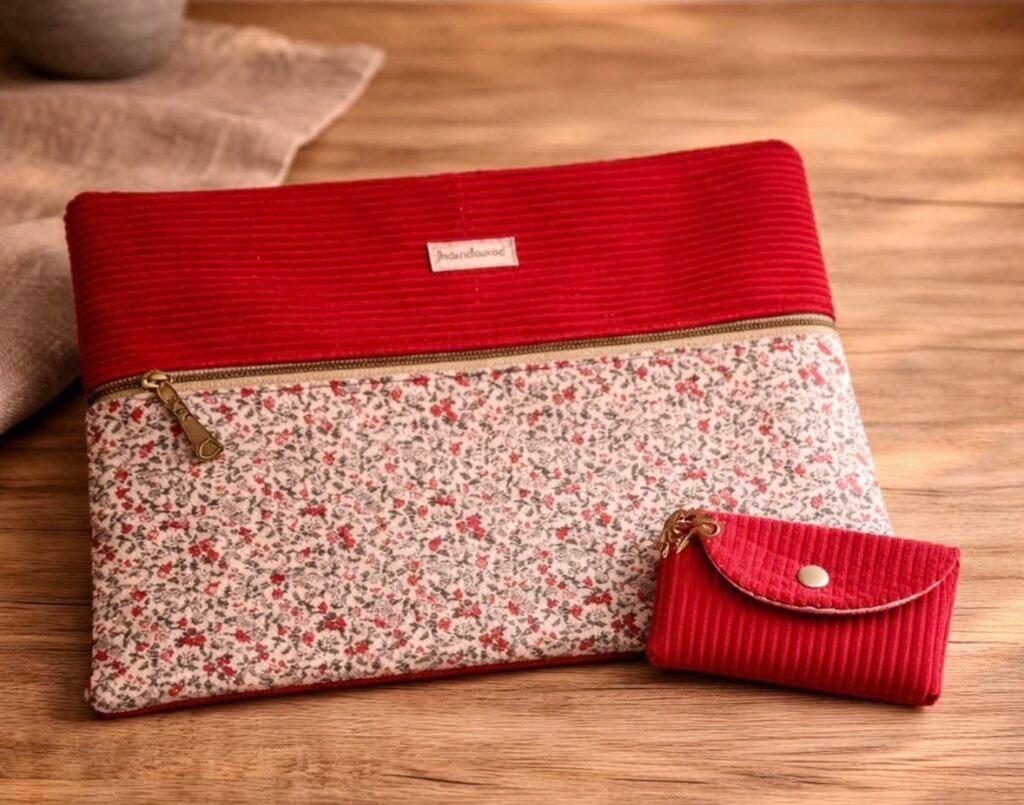 Housse ordinateur rouge en velours et coton fleuri