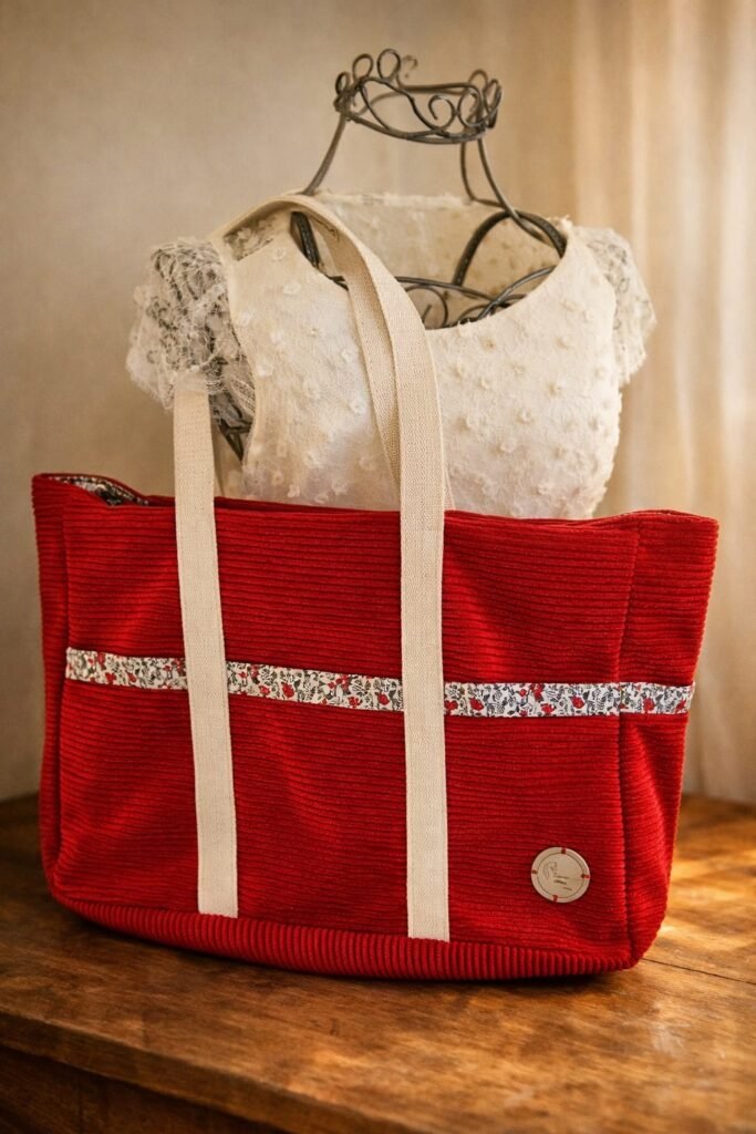 Grand sac week-end artisanal en velours côtelé rouge avec bande liberty fleurie, anses en coton naturel et doublure intérieure coordonnée, fabriqué à la main par Early in the Morning by MS