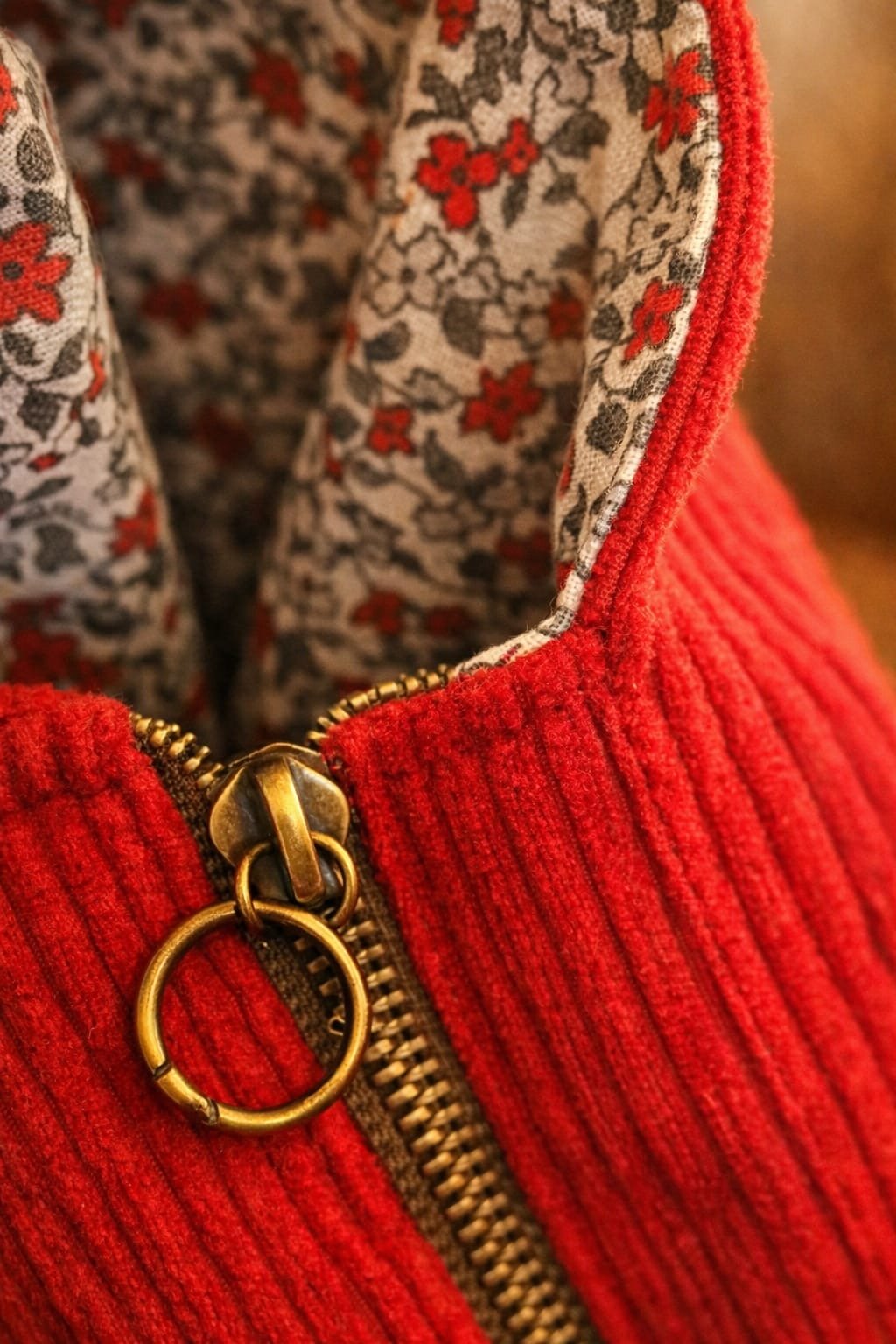 Grand sac week-end artisanal en velours côtelé rouge avec bande liberty fleurie, anses en coton naturel et doublure intérieure coordonnée, fabriqué à la main par Early in the Morning by MS