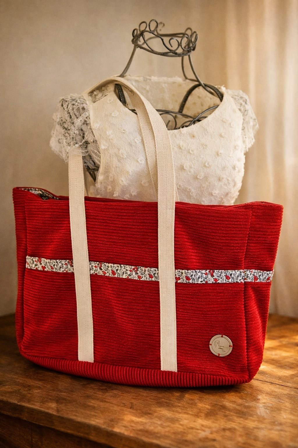 Grand sac week-end artisanal en velours côtelé rouge avec bande liberty fleurie, anses en coton naturel et doublure intérieure coordonnée, fabriqué à la main par Early in the Morning by MS