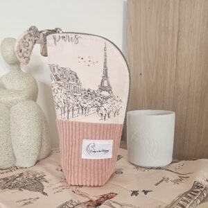 Trousse pinceaux ouverte velours rose coton Paris fait main