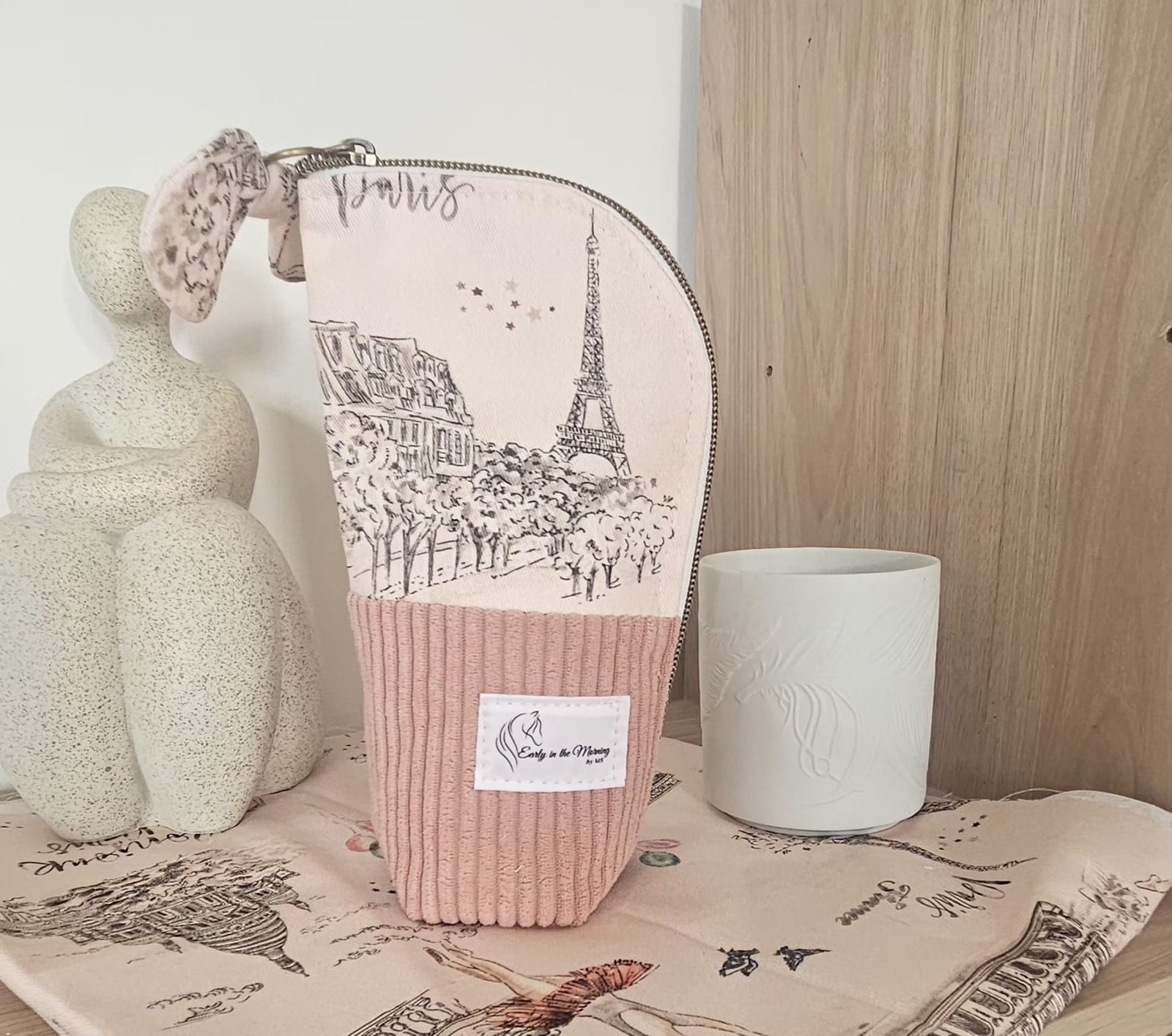 Trousse pinceaux ouverte velours rose coton Paris fait main