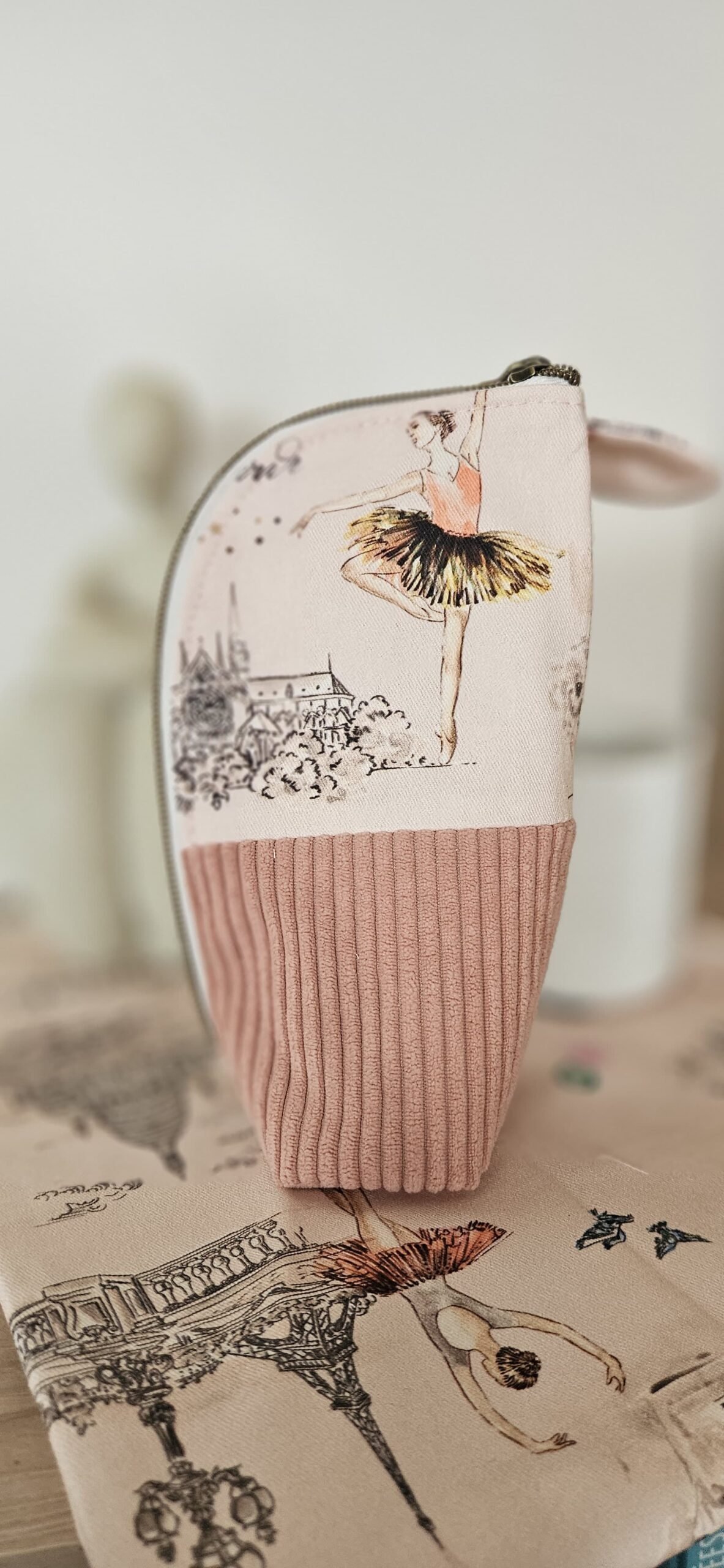 Trousse pinceaux/crayons velours vieux rose coton ballerines Paris fait main